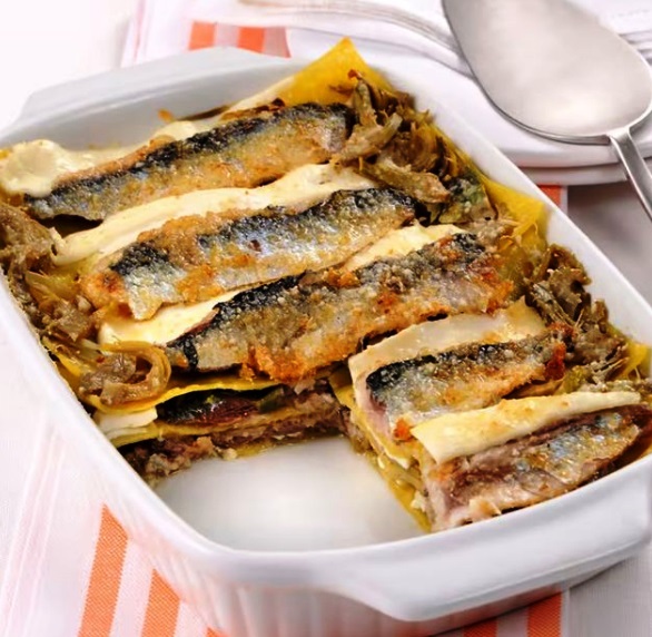 Lasaña de sardinas con alcachofas